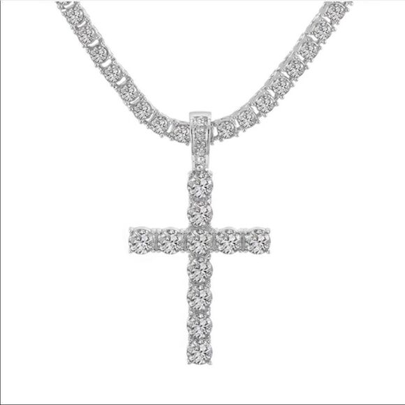 Cross Pendant Necklace with 4mm Tennis Chain Iced Necklace Jewelry Silver chain - Picture 3 of 8
